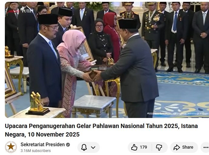 Ahli waris Presiden 2 RI Jenderal Besar TNI H.M. Soeharto, Penerima Gelar Pahlawan Nasional. (Tangkapan layar saluran resmi Sekretariat Presiden di YouTube, @SekretariatPresiden)
