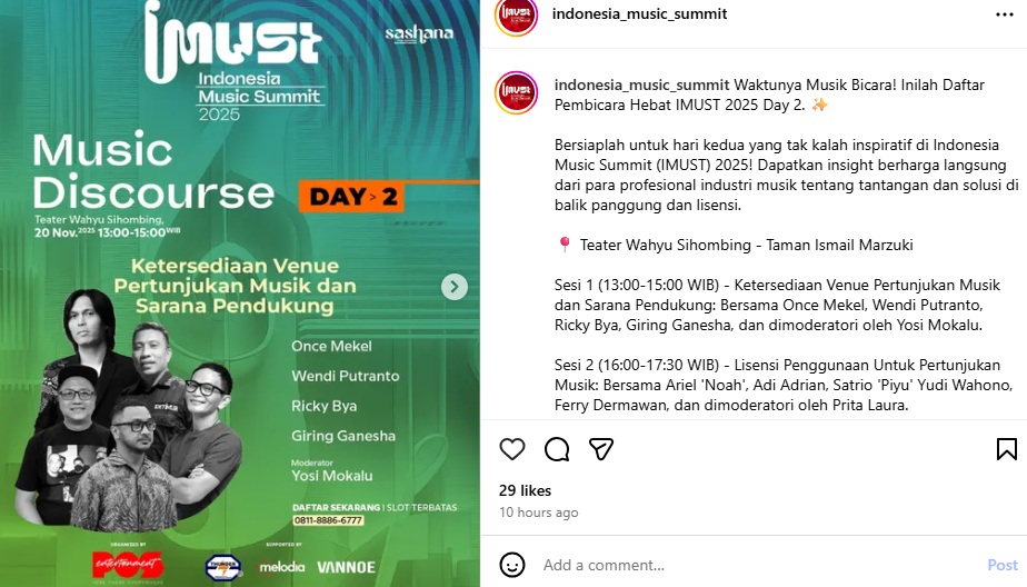 Hari kedua Indonesia Music Summit 2025 atau IMUST. (Tangkapan layar akun Instagram @indonesia_music_summit)