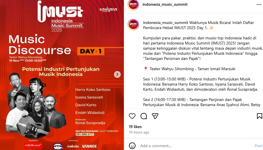 Hari pertama Indonesia Music Summit 2025 atau IMUST. (Tangkapan layar akun Instagram @indonesia_music_summit)