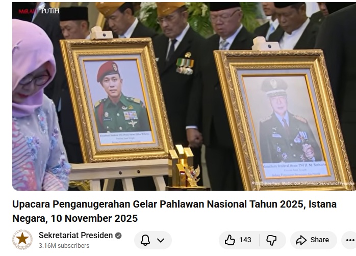 Jenderal Purn. TNI Sarwo Edhie Wibowo dan Presiden 2 RI Jenderal Besar TNI H.M. Soeharto termasuk Penerima Gelar Pahlawan Nasional. (Tangkapan layar saluran resmi Sekretariat Presiden di YouTube, @SekretariatPresiden)
