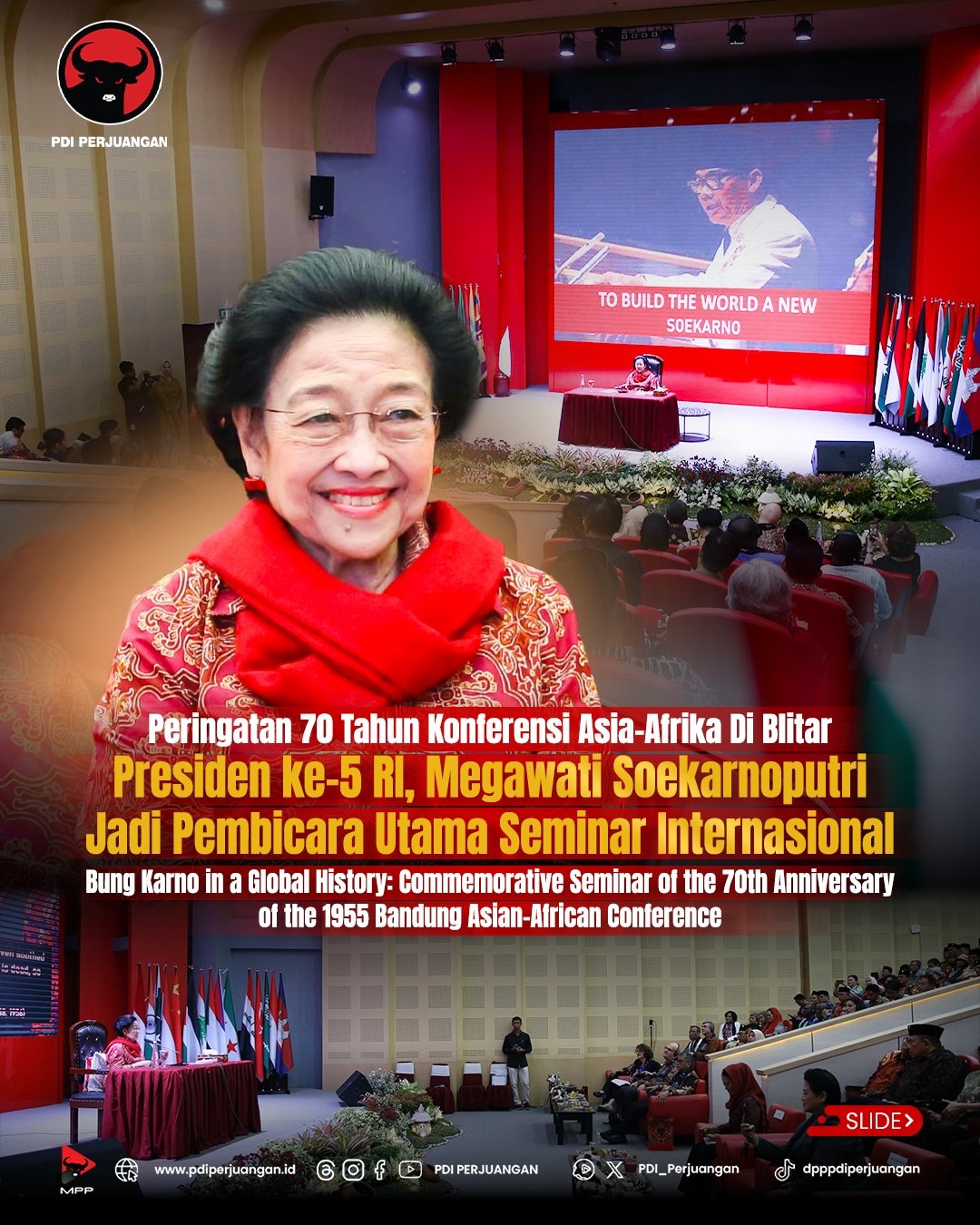 Ketum PDI Perjuangan Megawati Soekarnoputri menjadi pembicara utama saat peringatan 70 tahun Konferensi Asia Afrika (KAA) di Museum Bung Karno, Kompleks Makam Bung Karno, Kota Blitar, Jatim. (Tangkapan layar akun X @PDI_Perjuangan)