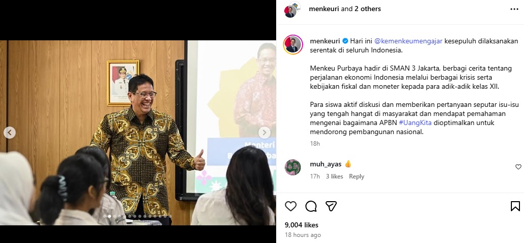 Menkeu Purbaya Yudhi Sadewa menjadi relawan pengajar di SMAN 3, Jakarta Selatan. (Tangkapan layar akun @menkeuri di Instagram)
