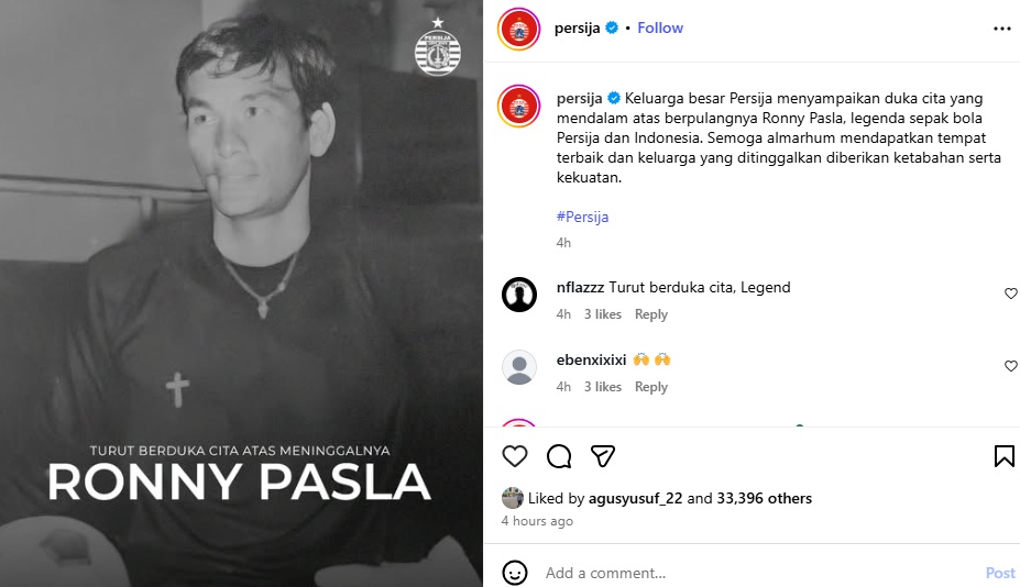 Persija menyampaikan dukacita mendalam atas berpulangnya Ronny Pasla, kiper legendaris Timnas Indonesia. (Tangkapan layar akun @persija di Instagram)