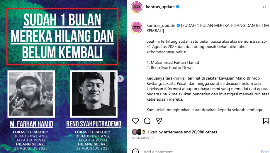 Tangkapan layar akun @kontras_update di Instagram mengumumkan 2 orang masih hilang usai kericuhan demonstrasi pada 25-31 Agustus di Jakarta.