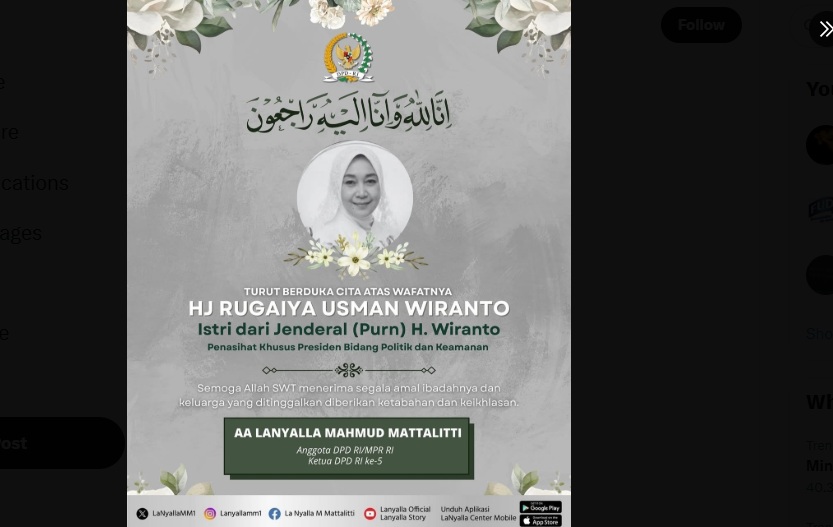 Ucapan Dukacita Wafatnya Istri Wiranto dari Ketua DPD AA La Nyalla Mahmud Mattalitti. (Tangkapan layar akun X @LaNyallaMM1)