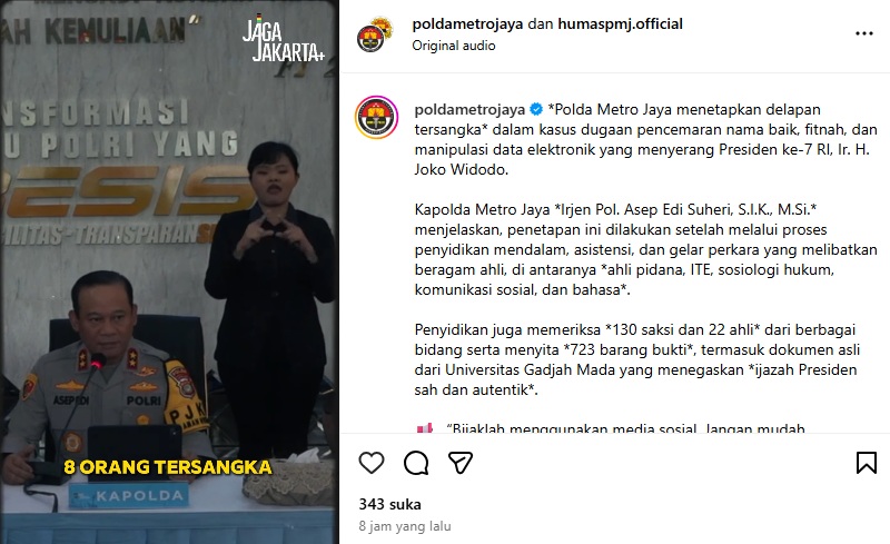 Kapolda Metro Jaya Irjen Asep Edi Suheri menetapkan 8 tersangka tudingan ijazah palsu Jokowi. (Tangkapan layar akun @poldametrojaya di Instagram}