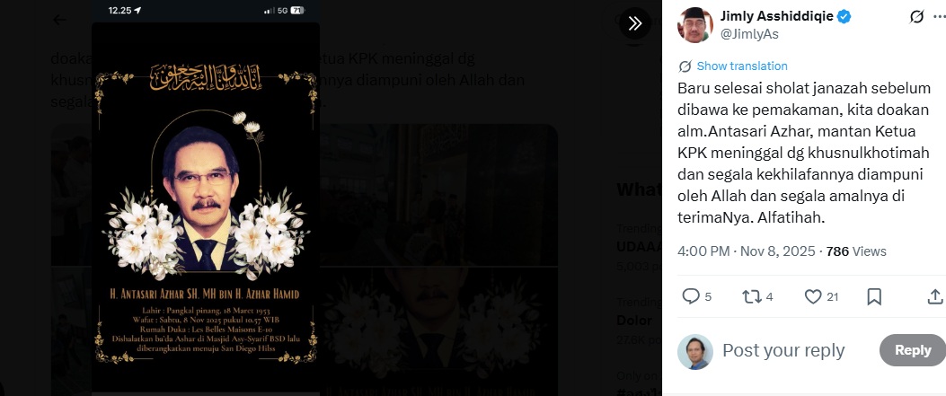 Jimly Asshiddiqie mengabarkan usai sholat jenazah Antasari Azhar di Masjid Asy Syarif, BSD, Tangerang Selatan. (Tangkapan layar akun X @JimlyAs)