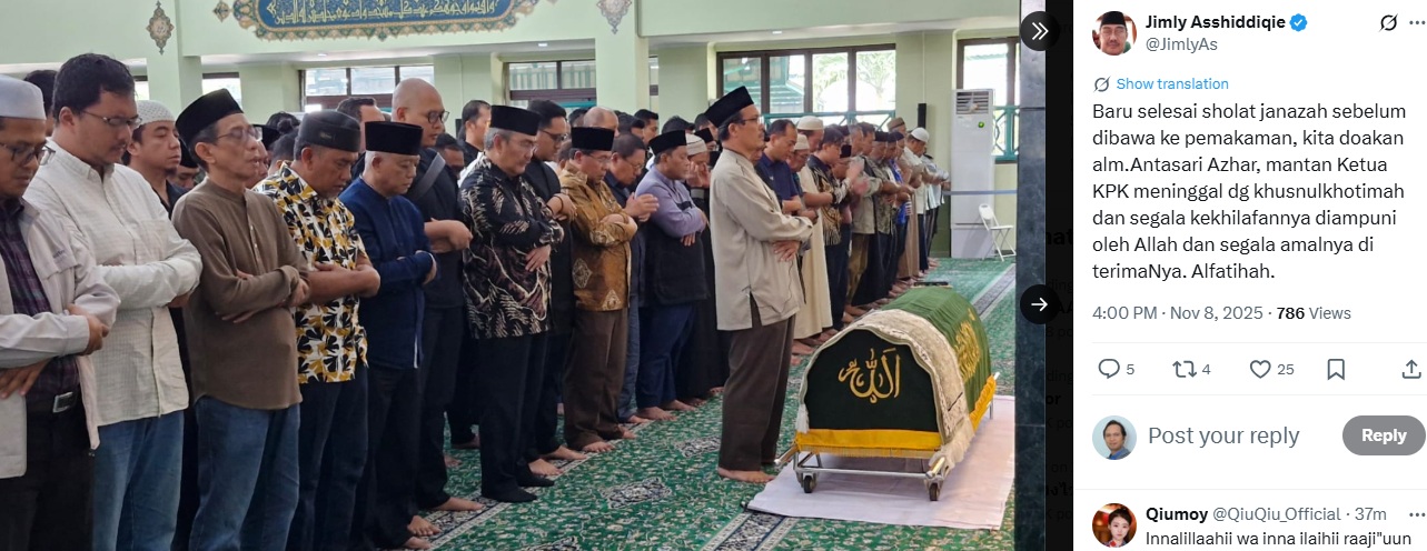 Jimly Asshiddiqie mengabarkan usai sholat jenazah Antasari Azhar di Masjid Asy Syarif, BSD, Tangerang Selatan. (Tangkapan layar akun X @JimlyAs)