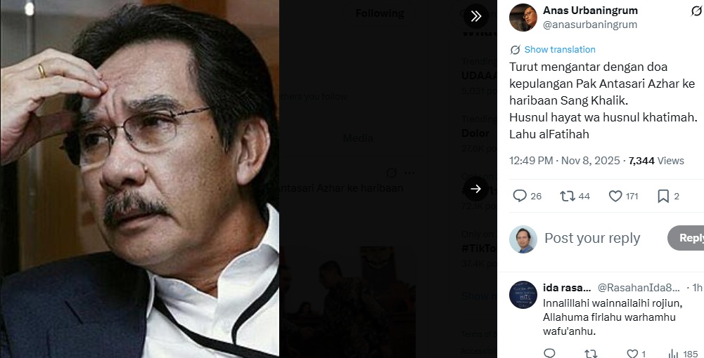 Politisi Anas Urbaningrum turut mendoakan almarhum Antasari Azhar. (Tangkapan layar akun X @anasurbaningrum)