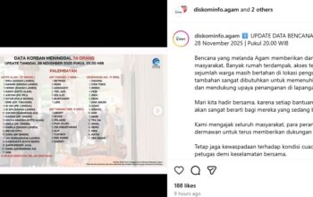 Berdasarkan data terbaru Pusdalops PB BPBD Agam, jumlah korban meninggal dunia di Kabupaten Agam, Sumatera Barat, mencapai 74 orang dan 78 orang belum ditemukan hingga Jumat, 28 November 2025, pukul 20.00 WIB. (Tangkapan layar akun Instagram @diskominfo.agam)