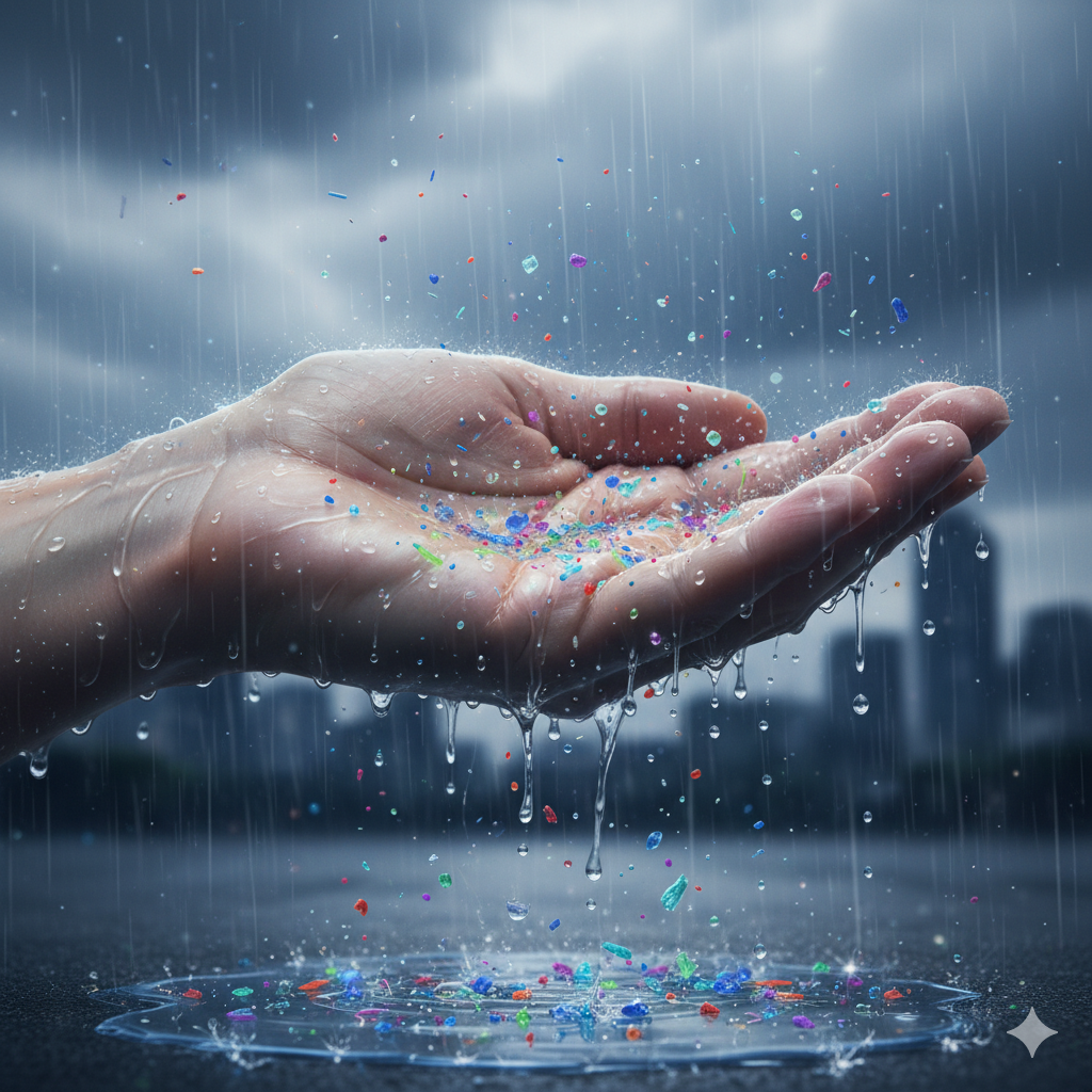 Ilustrasi mikroplastik saat turun hujan/Ilustrasi AI