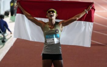 Emilia Nova meraih medali emas nomor heptathlon (tujuh lomba) setelah mengumpulkan total 5.497 poin sekaligus mengakhiri penantian panjangnya di nomor tersebut. (Sumber Foto: Herry/kemenpora.go.id)