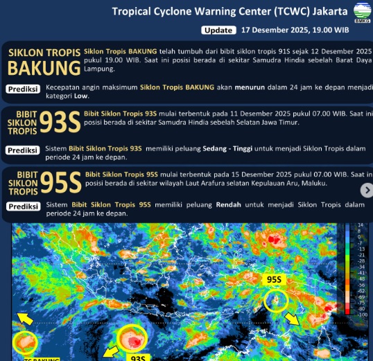 Peringatan dini, BMKG mendeteksi adanya siklon tropis Bakung yang telah tumbuh dari dari bibit siklon 91S pada 12 Desember 2025. (Tangkapan layar Instagram akun @infobmkg)