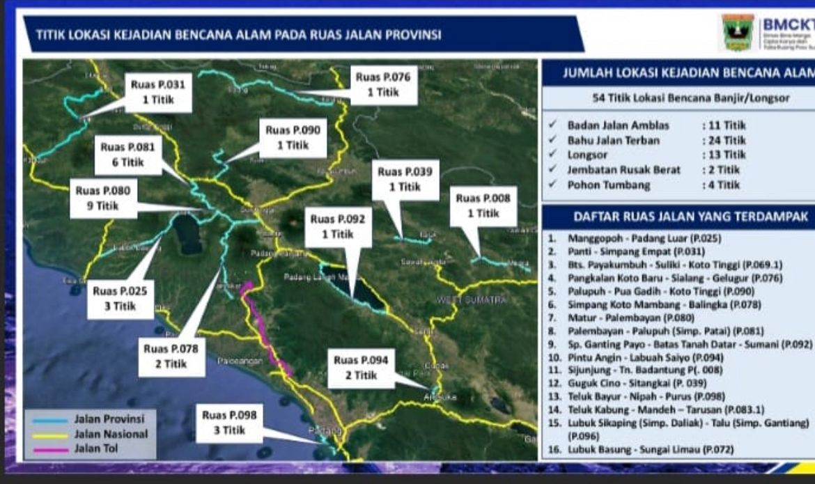 Sebaran jalan provinsi terdampak bencana hidrometeorologi di Sumatera Barat. (Data: Dinas BMCKTR Sumbar)
