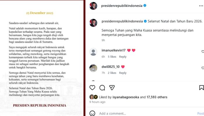 Presiden Prabowo mengucapkan selamat Natal 2025 dan Tahun Baru 2026. (Tangkapan layar Instagram resmi @presidenrepublikindonesia)