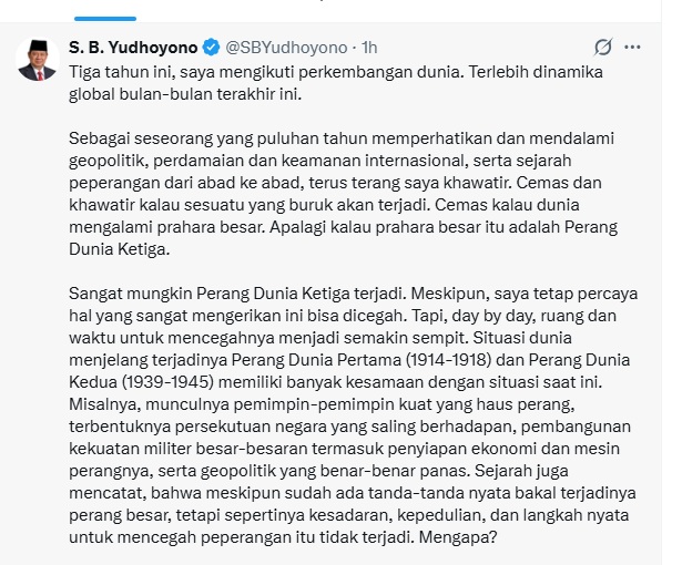 Presiden ke-6 RI Susilo Bambang Yudhoyono atau SBY memaparkan analisis terkini mengenai geopolitik. (Tangkapan layar akun @SBYudhoyono di X)
