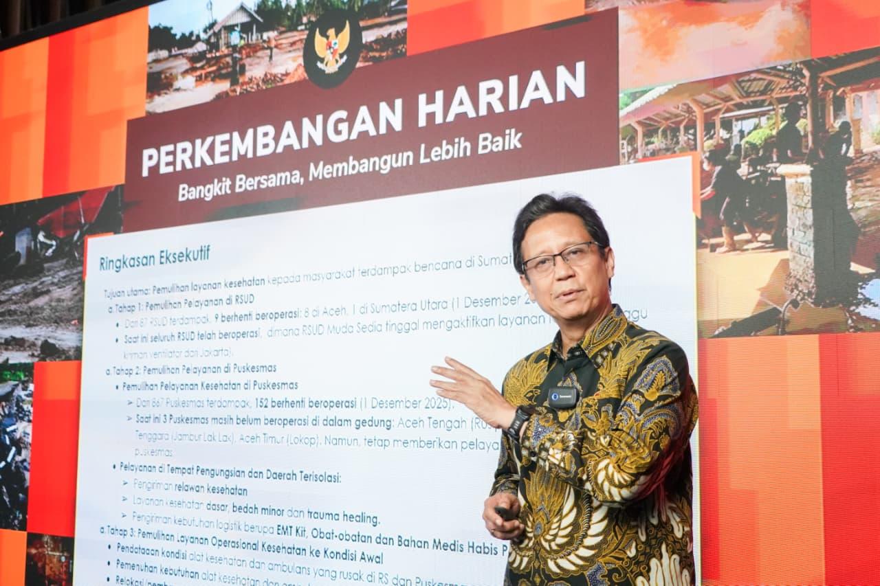 Menkes Budi Gunadi Sadikin saat konferensi pers update penanganan bencana Sumatera di Graha BNPB, Jakarta, Rabu (7/1/2026). (Sumber Foto: kemkes.go.id)