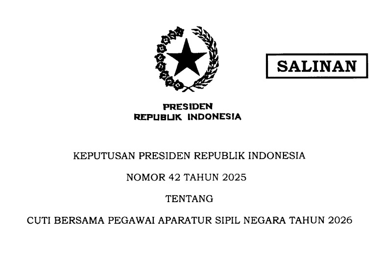 Keppres 42/2025 tentang Cuti Bersama Tahun 2026 untuk ASN. (Sumber Foto: setneg.go.id)