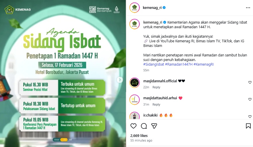 Kemenag mengumumkan Sidang Isbat Penentuan 1 Ramadan 1447 Hijriah/2026 Masehi digelar di Hotel Borobudur, Jakarta. (Tangkapan layar IG @kemenag_ri)