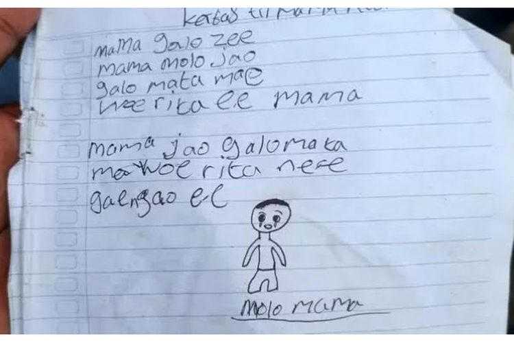 Tulisan tangan YBR (10), siswa kelas IV pada salah satu sekolah dasar di Kabupaten Ngada, Nusa Tenggara Timur (NTT), sebelum ditemukan tewas gantung diri. (Sumber Foto: Istimewa)
