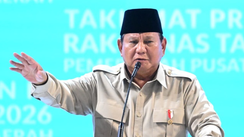 Presiden Prabowo menyampaikan taklimat saat Rakornas Pemerintah Pusat dan Daerah Tahun 2026 di Sentul International Convention Center (SICC), Kabupaten Bogor, Jawa Barat, pada Senin, 2 Februari 2026. (Foto: Dok. BPMI Setpres/Kris)