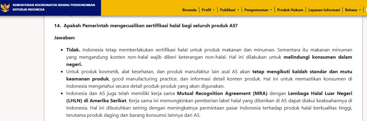 Poin 14 Penjelasan Resmi Kemenko Perekonomian atas Agreement on Reciprocal Trade atau Perjanjian Perdagangan Timbal Balik AS-RI. (Tangkapan layar dari ekon.go.id)
