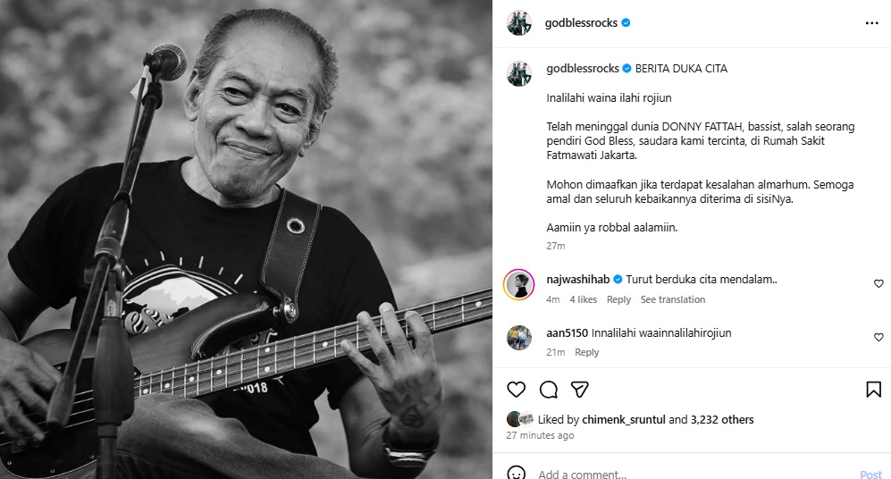 Kabar duka Donny Fattah, basis grup rock God Bless, meninggal duka. (Tangkapan layar akun resmi @godblessrocks di Instagram)