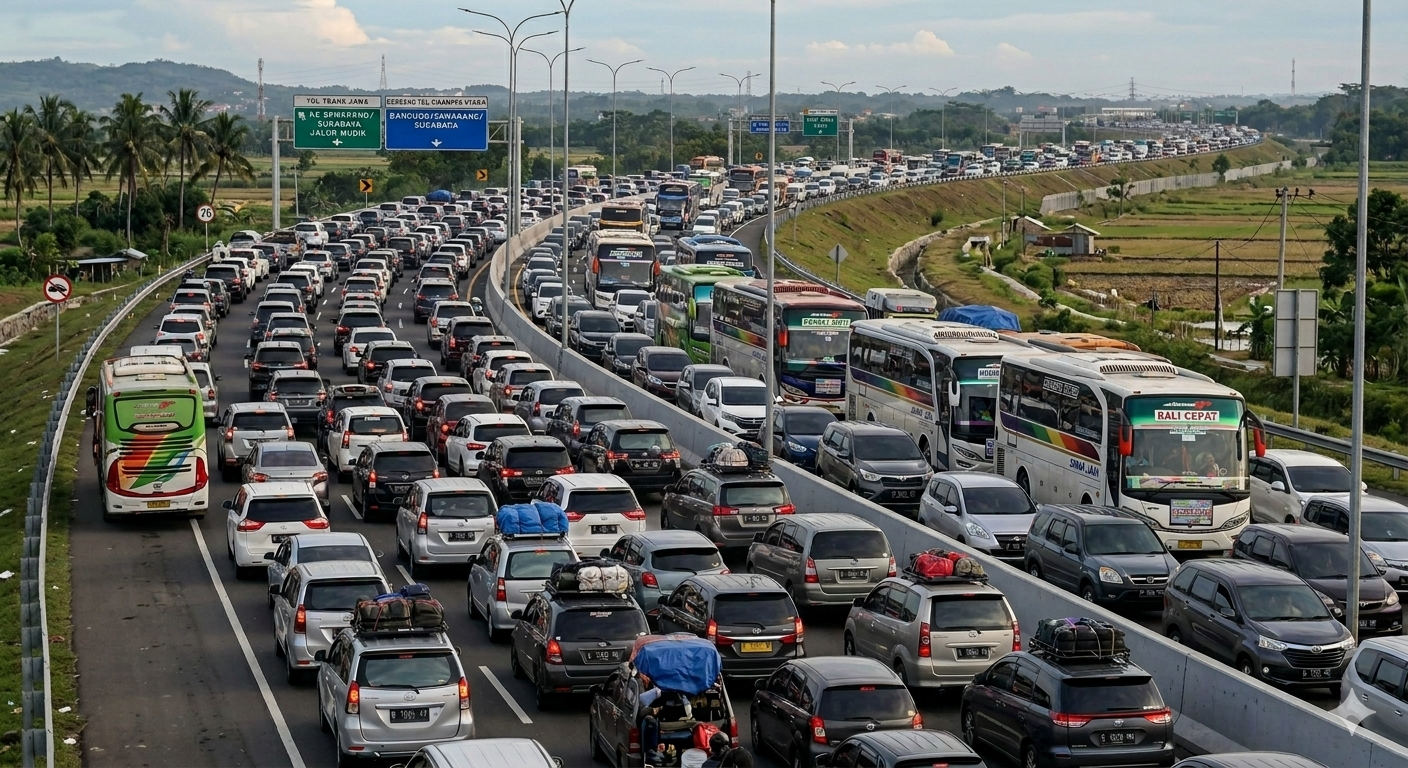 Ilustrasi Kepadatan di Jalan Tol Saat Arus Mudik Lebaran 2026/Gemini AI