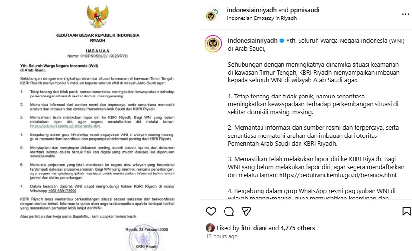 KBRI Riyadh merilis 7 imbauan kepada WNI terkait eskalasi konflik di Timur Tengah menyusul serangan Israel dan Amerika Serikat (AS) ke Iran yang disusul balasan pihak Teheran. (Tangkapan layar akun @indonesiainriyadh di instagram)